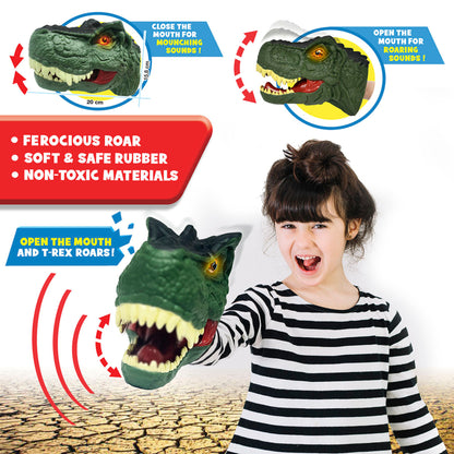 Megahunter T-Rex Hand Puppet in green with roaring mouth and realistic details