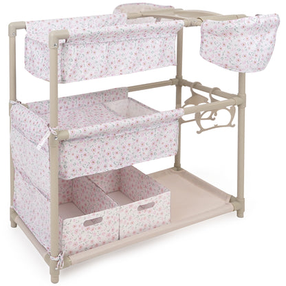 Little Flora Twin Doll Play Center with pink floral fabric, storage baskets, and accessories