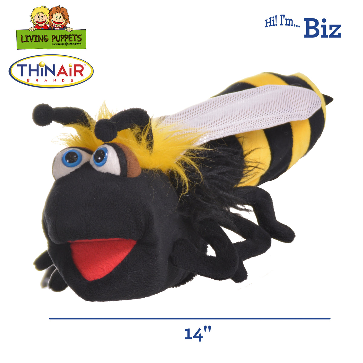 Living Puppets Biz The Bumble Bee hand puppet with yellow and black striped body, blue eyes, red mouth, and transpare...