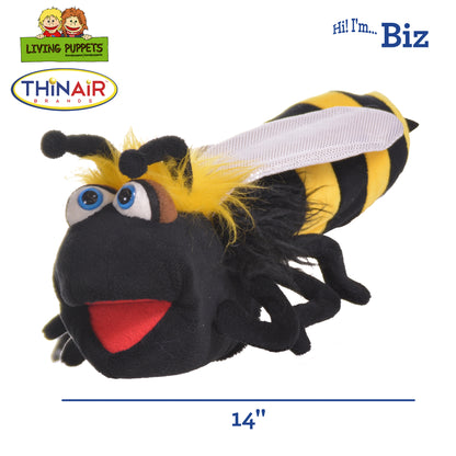 Living Puppets Biz The Bumble Bee hand puppet with yellow and black striped body, blue eyes, red mouth, and transpare...