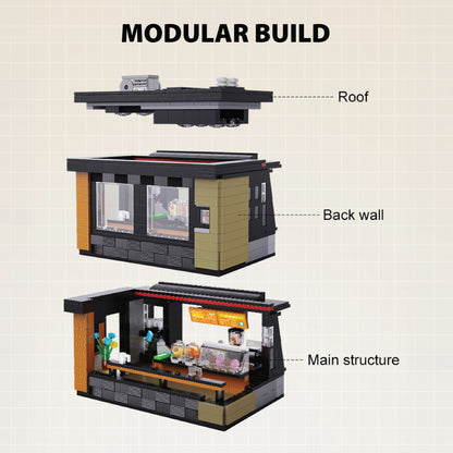 CaDA Coffee House 768-piece building set showing modular construction layers: roof, back wall, and main structure wit...