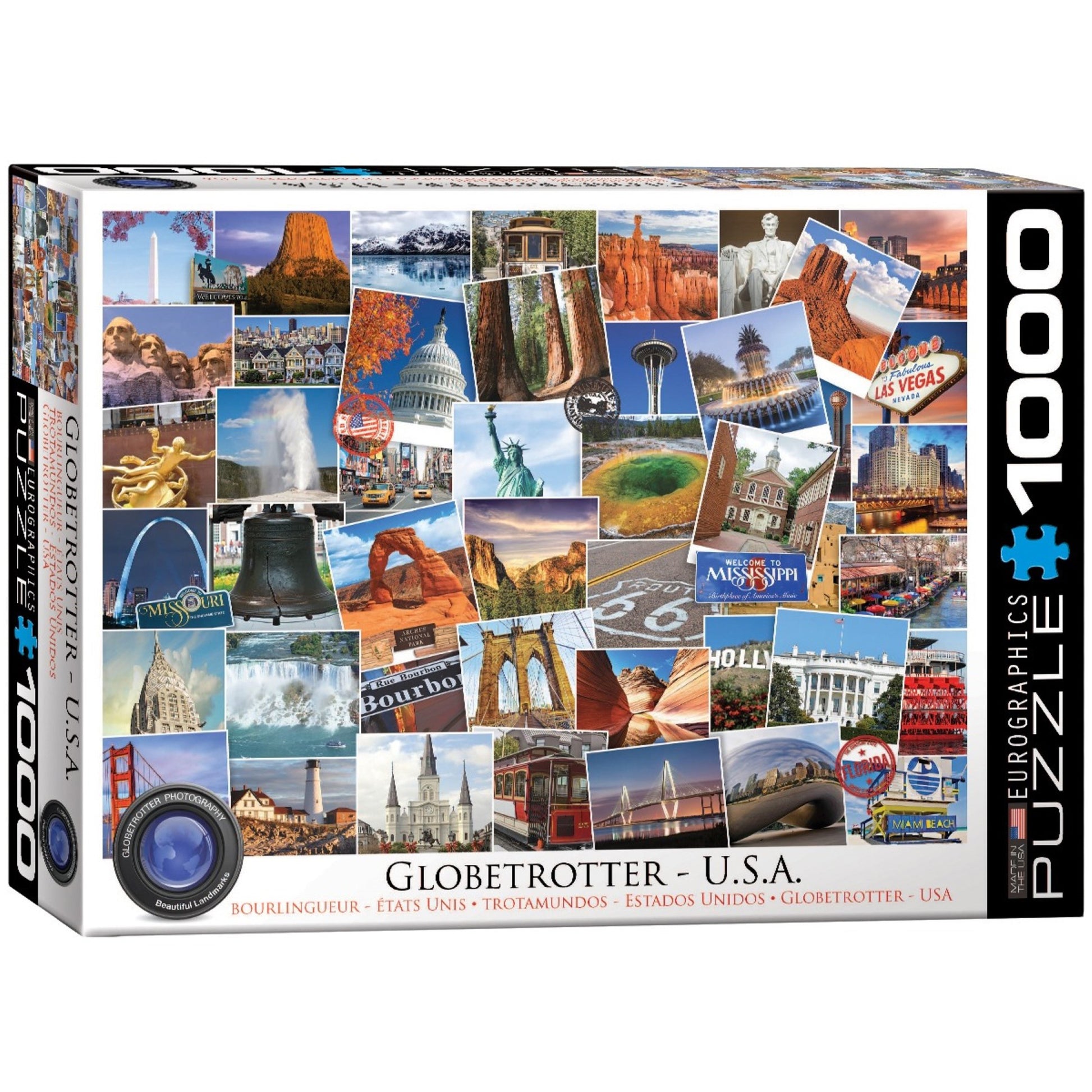 Eurographics Globetrotter USA 1000 piece jigsaw puzzle featuring colorful travel collage of American landmarks
