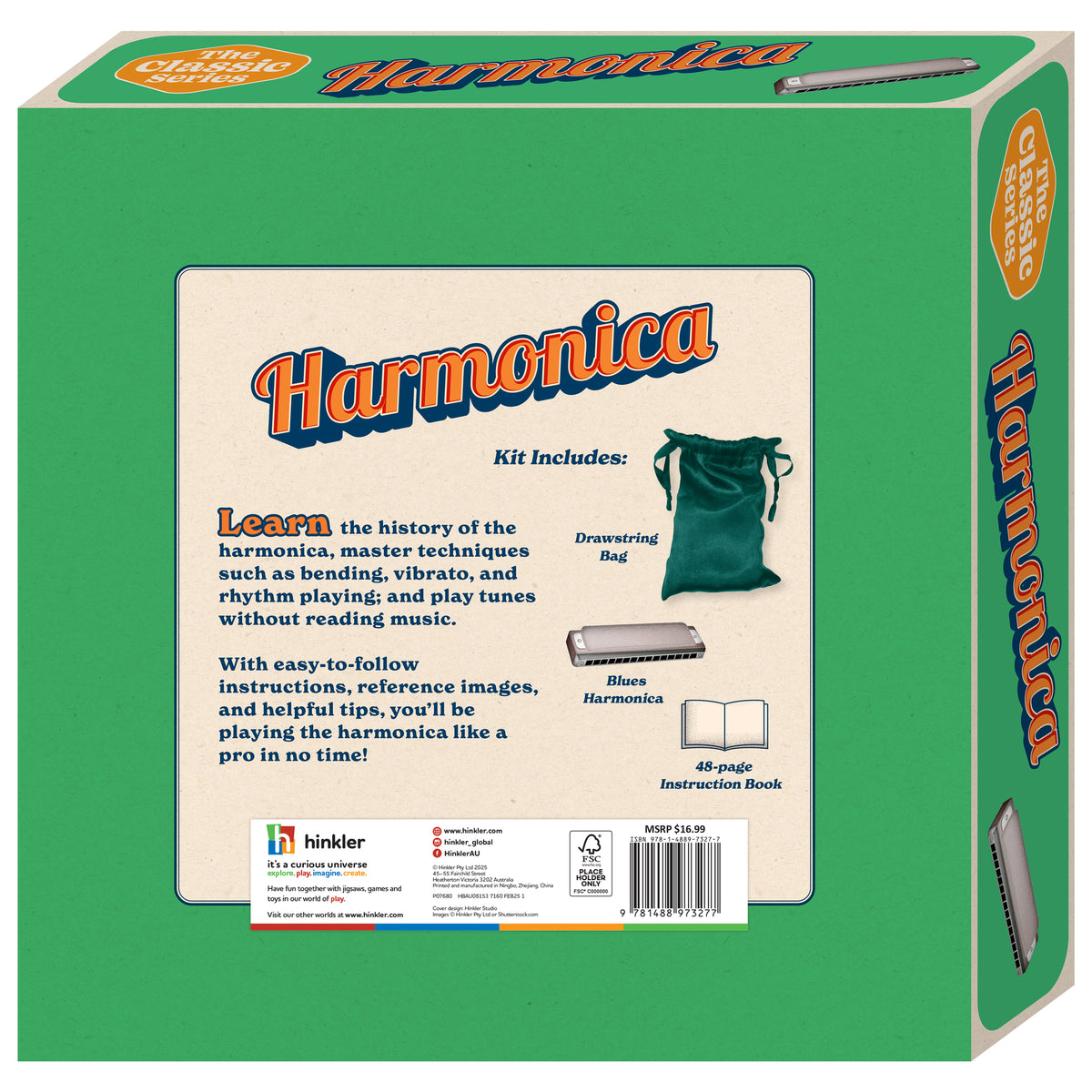 Hinkler Retro Box Harmonica kit with green box, blues harmonica, instruction book, and drawstring bag