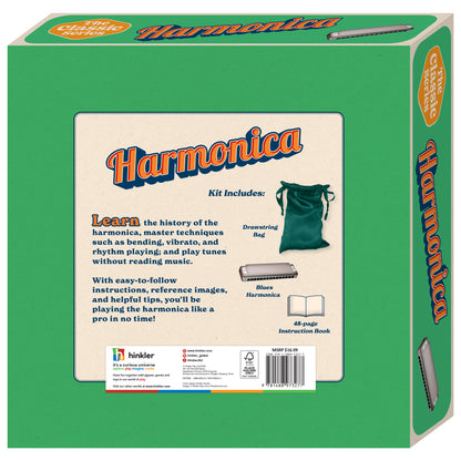 Hinkler Retro Box Harmonica kit with green box, blues harmonica, instruction book, and drawstring bag