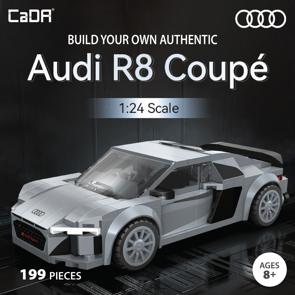 CaDA Audi R8 Coupe 1:24 scale building set with 199 pieces, white sports car model with opening doors