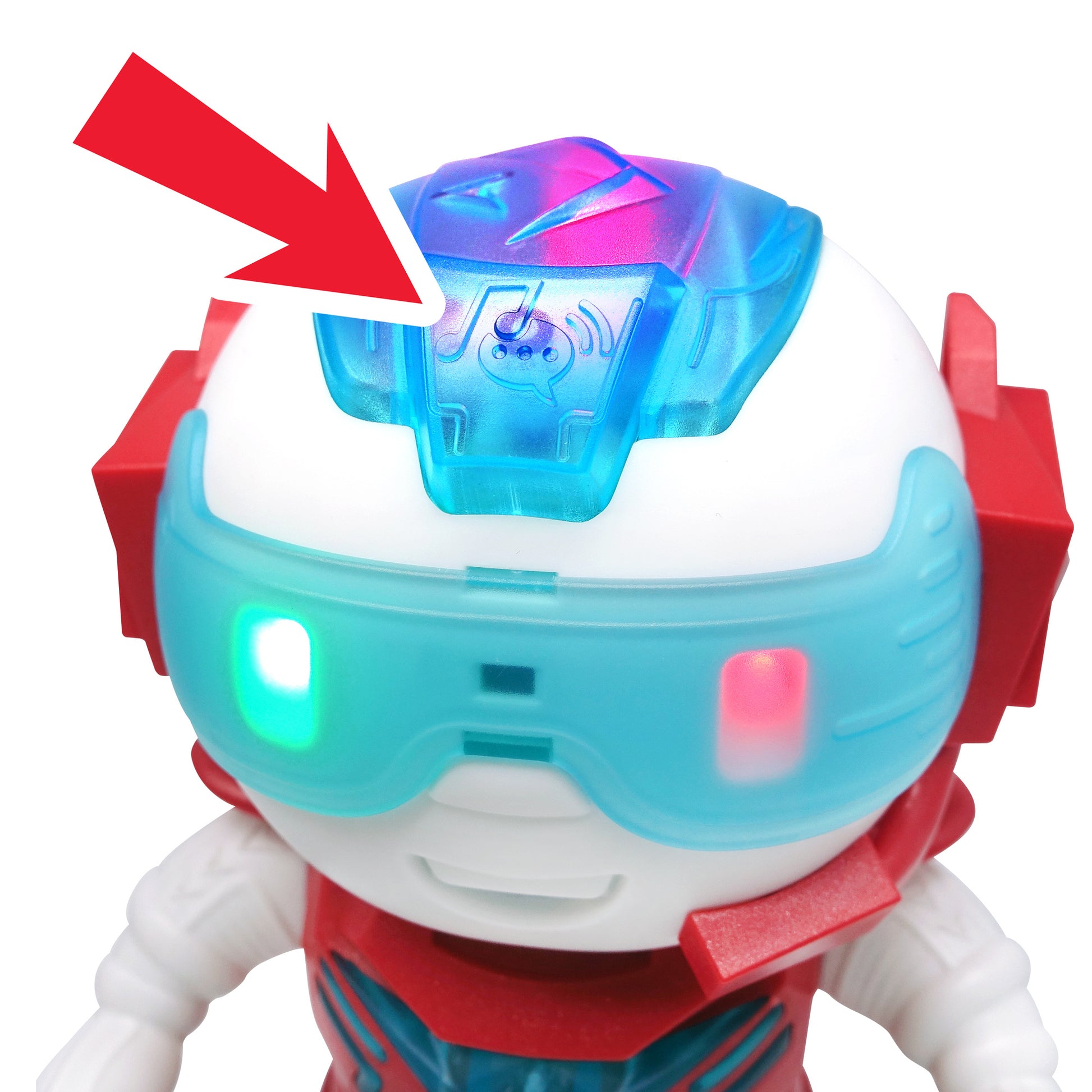 ChatiBot Red toy robot with turquoise visor, LED eyes, and interactive features
