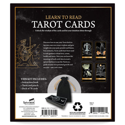 SpiceBox Tarot Cards gift box set with black pouch, instruction book, and card deck displayed