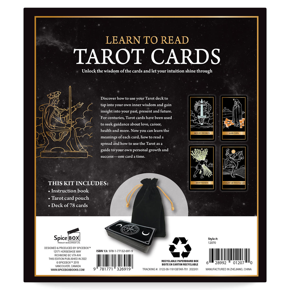 SpiceBox Tarot Cards gift box set with instruction book, card deck, and black pouch