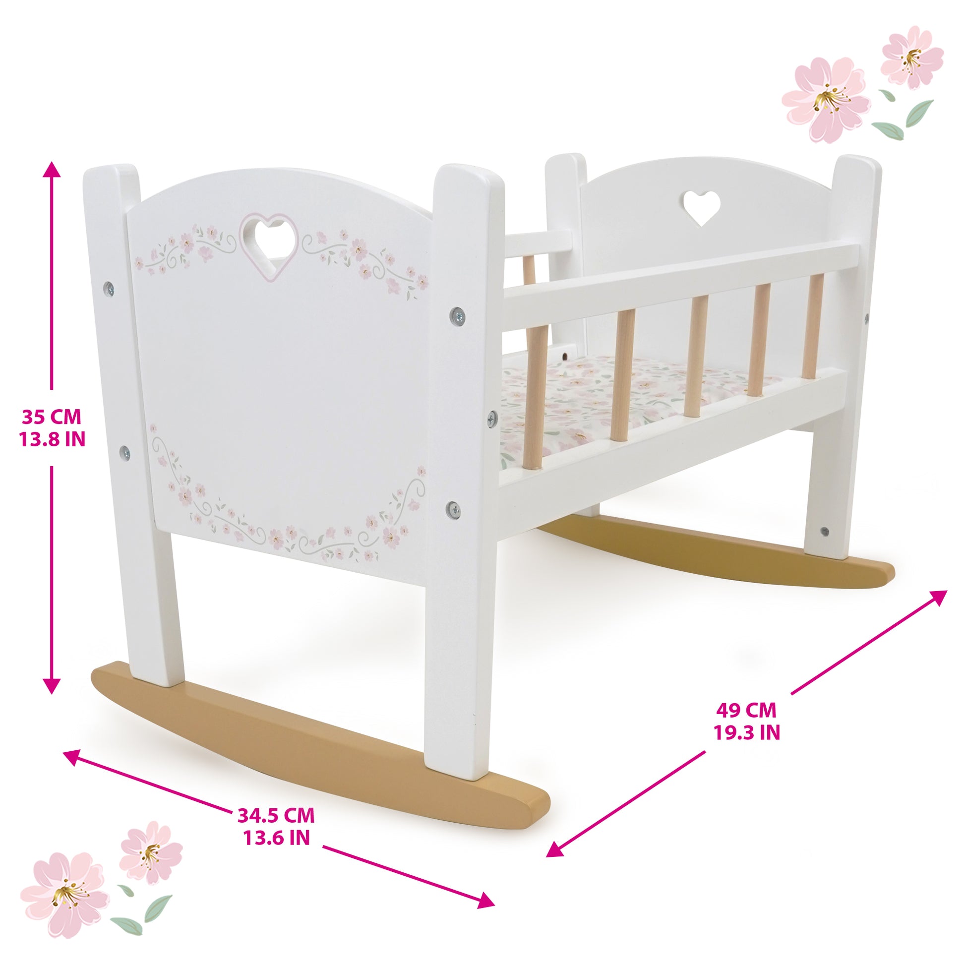 Little Flora Wooden Doll Cradle in white and pink with flower design and natural wood rockers