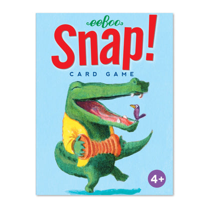eeBoo Snap Card Game box featuring colorful green crocodile character, age 4+