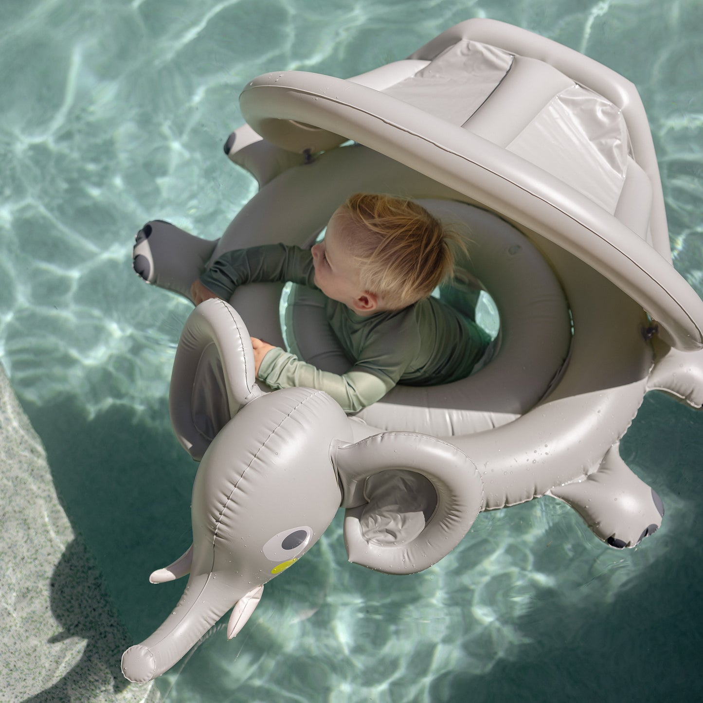 Baby Float Eli the Elephant grey inflatable pool float with canopy