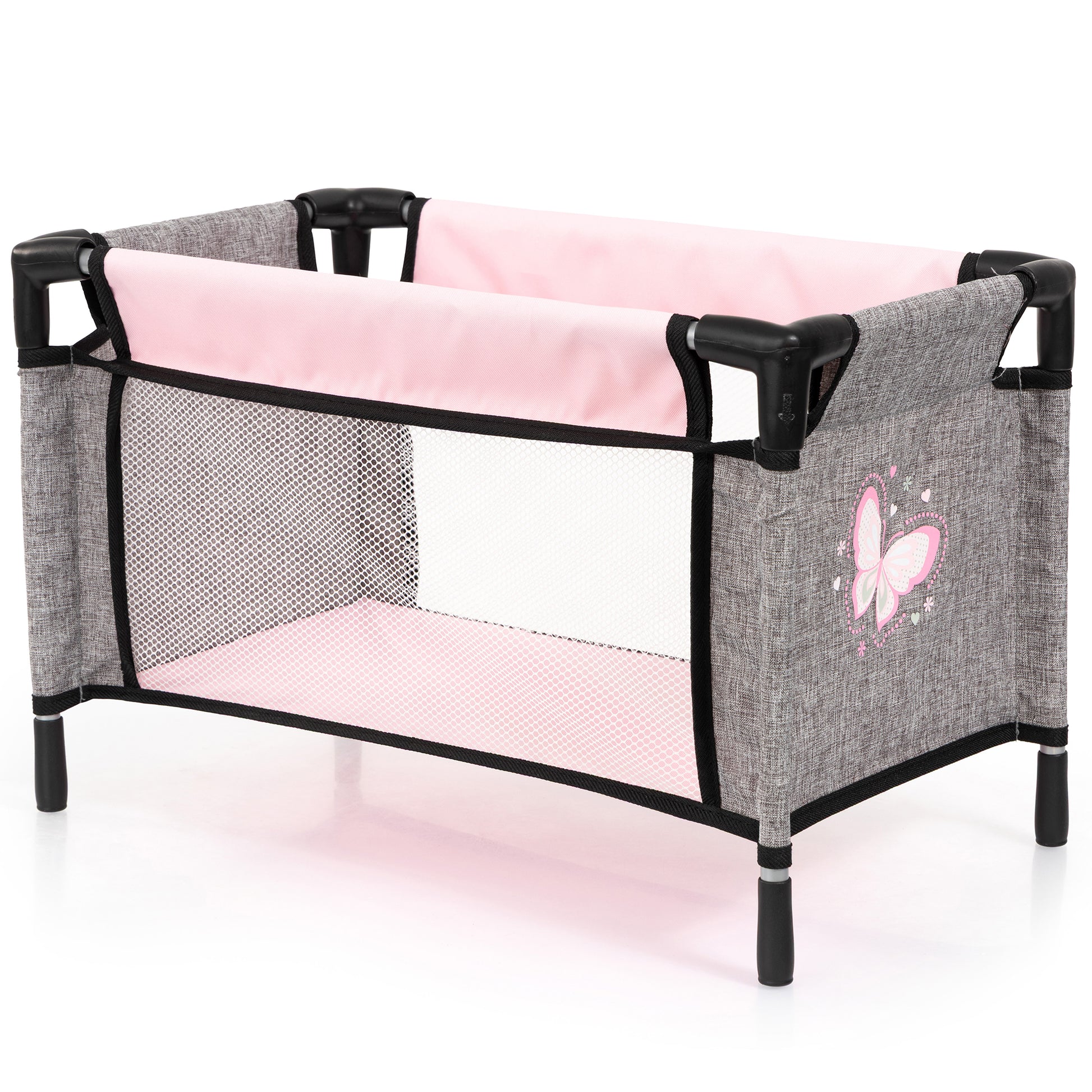 Bayer Design 9-in-1 Doll Travel Bed Set in grey and pink with butterfly design
