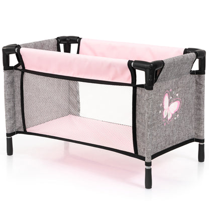 Bayer Design 9-in-1 Doll Travel Bed Set in grey and pink with butterfly design