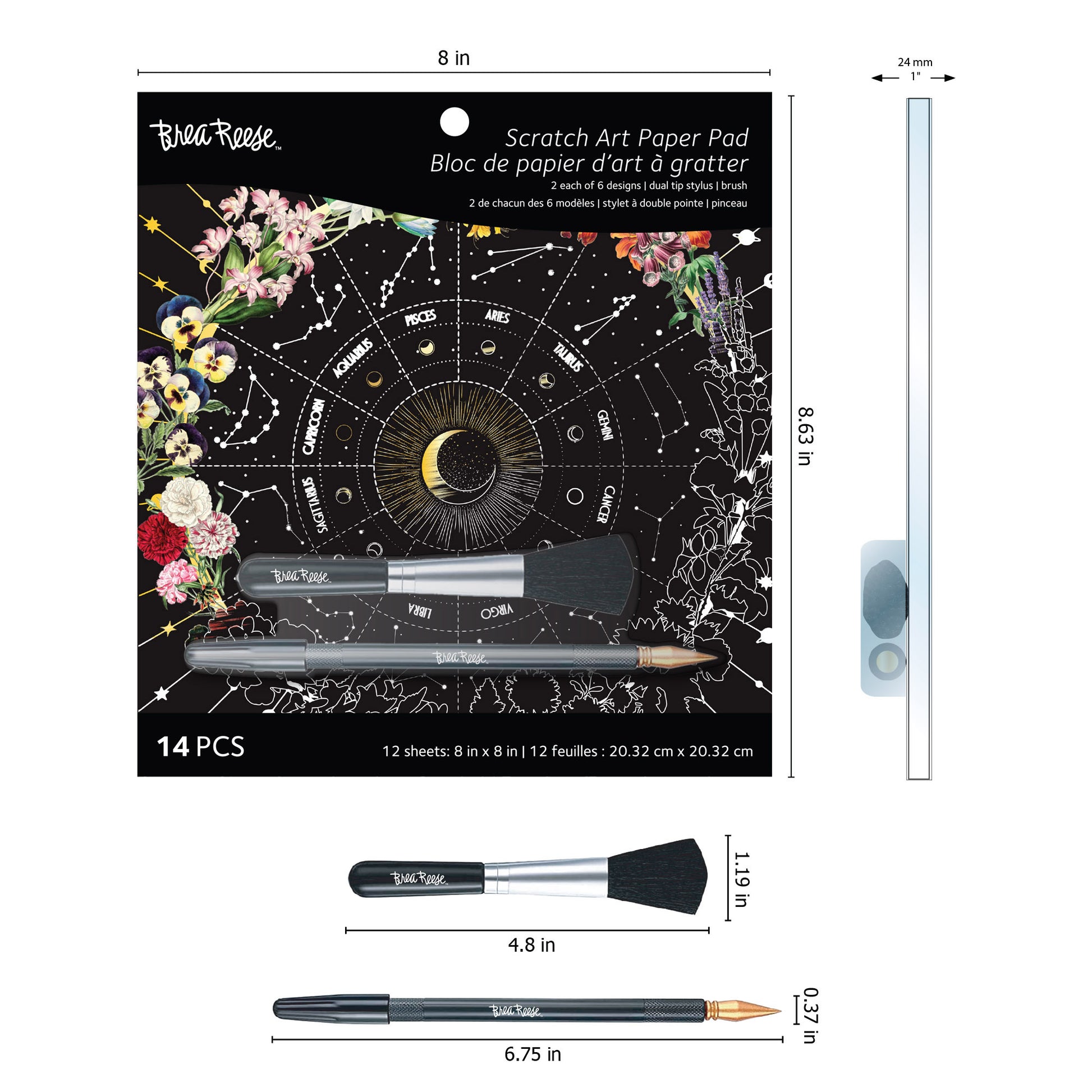 BrikaRose Scratch Art Paper Pad Whimsical Celestial with dual tip stylus brush