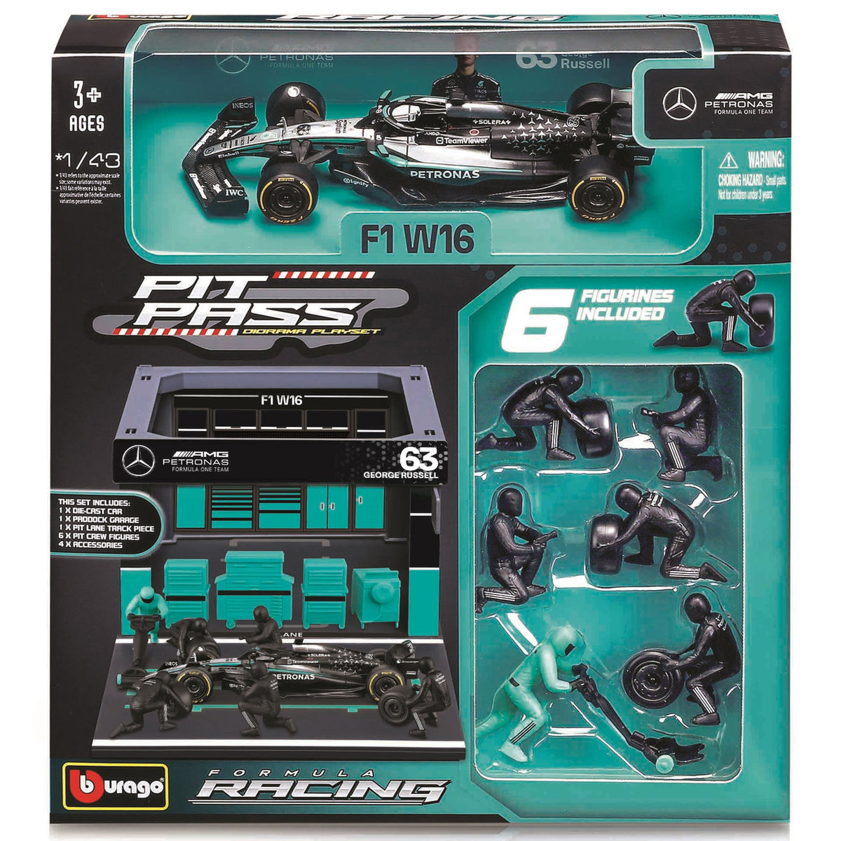 Bburago Pit Pass Playset with 1:43 Mercedes W16 diecast car, turquoise and black pit garage, and 6 pit crew figures