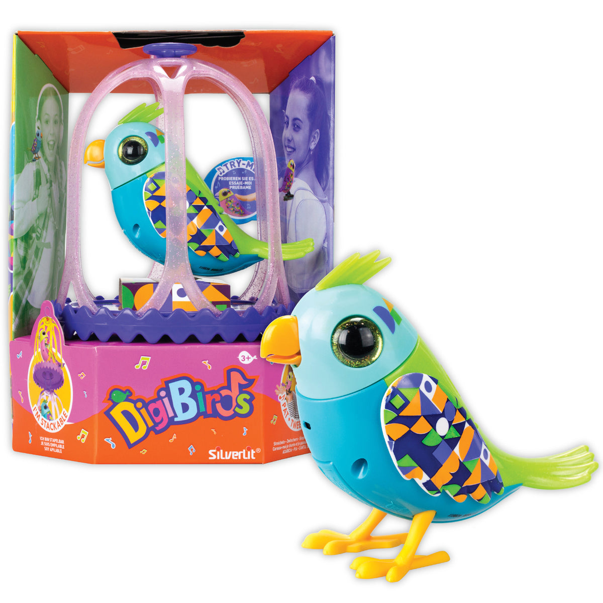 DigiBirds Interactive Singing Bird & Cage with turquoise bird, lime-green feathers, and colorful geometric patterned ...