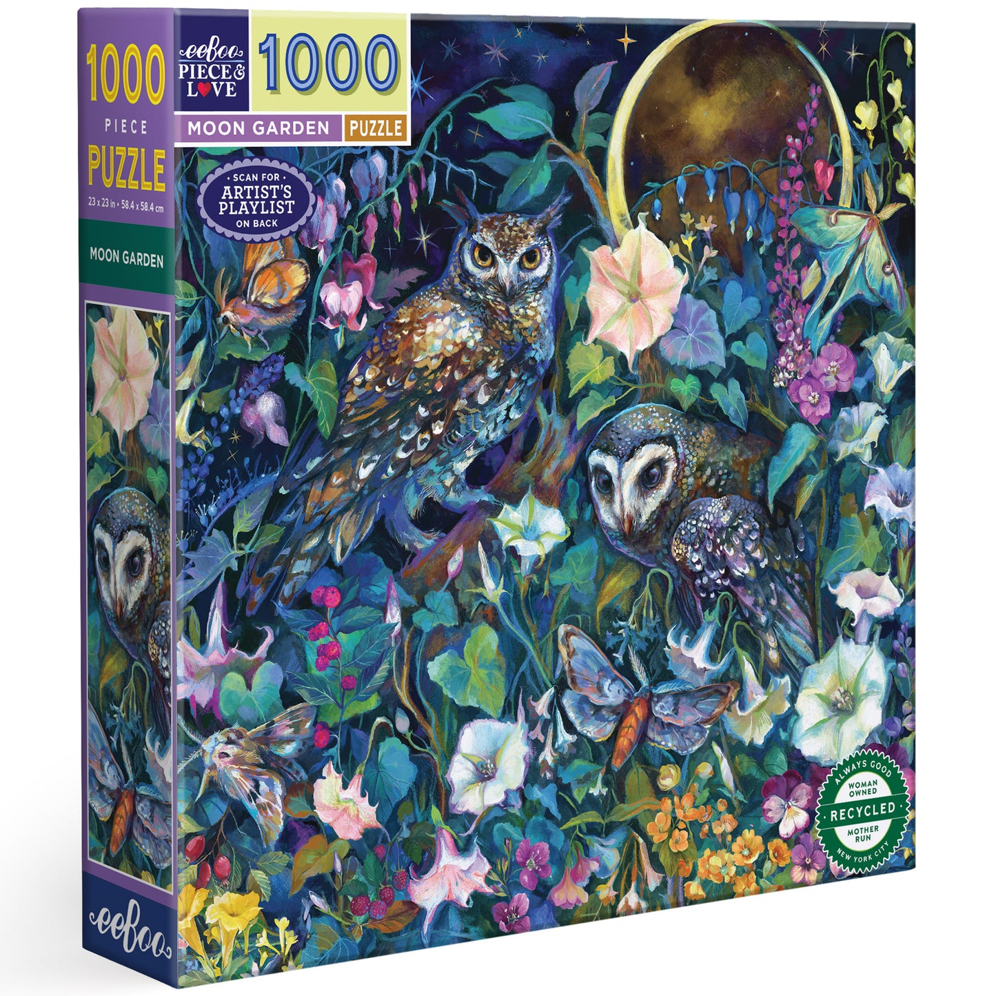 eeBoo Moon Garden 1000 piece puzzle featuring owls and colorful flowers in nighttime garden scene