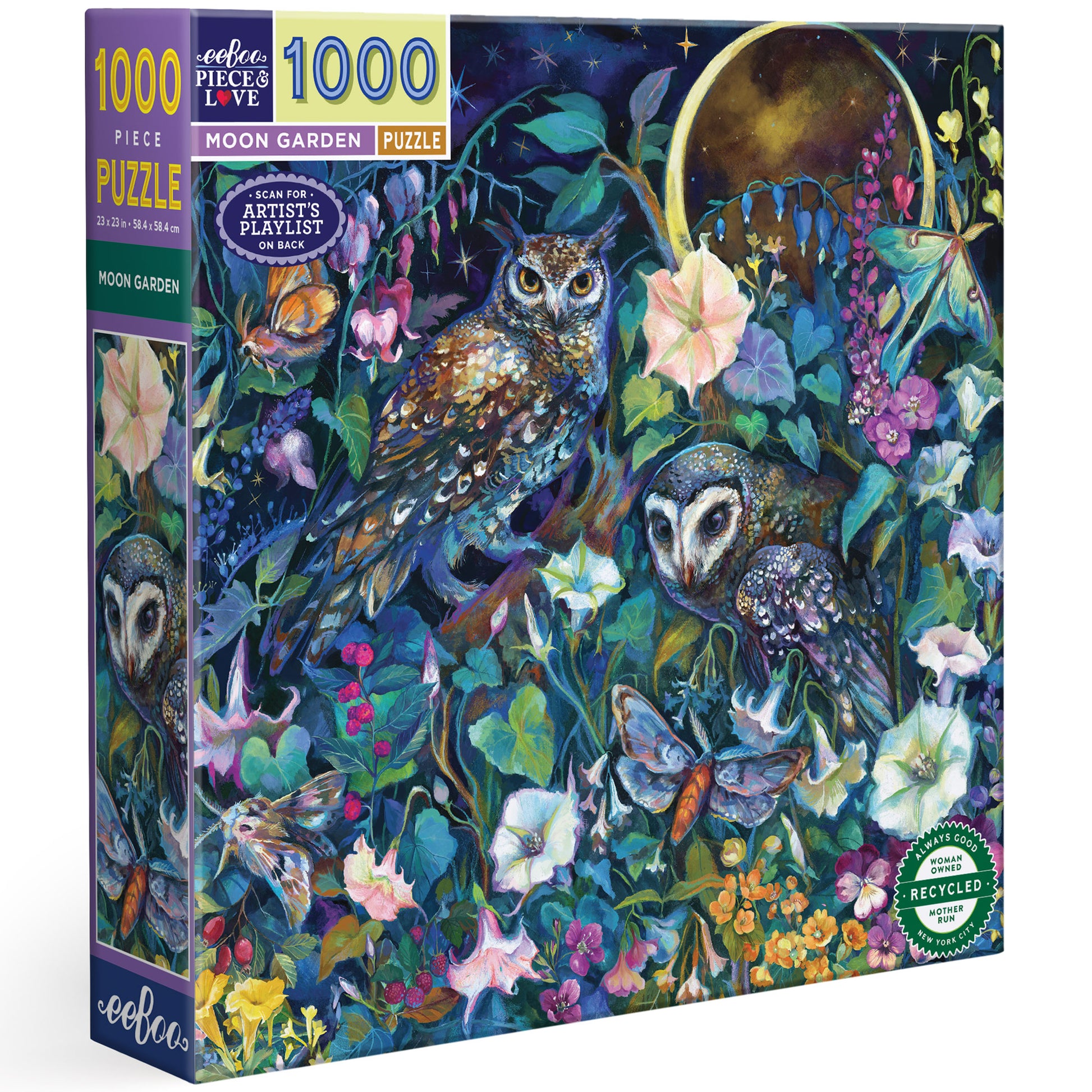 eeBoo Moon Garden 1000 piece puzzle featuring owls and colorful flowers in nighttime garden scene
