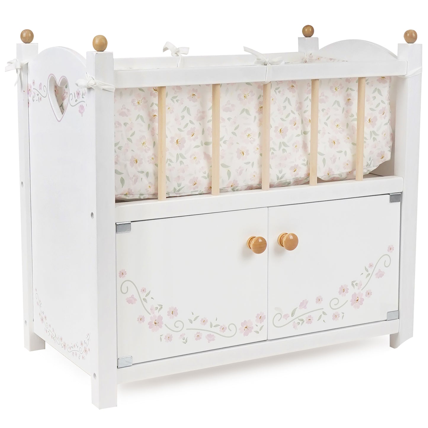 Little Flora 2-In-1 Wooden Doll Cabinet Bed with floral design and storage