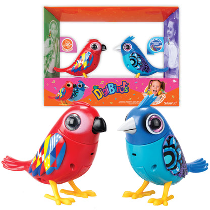 DigiBirds Interactive Singing Bird 2pk with red and blue birds featuring colorful wing patterns and yellow feet