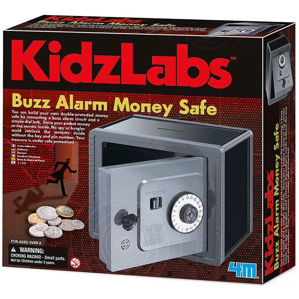 KidzLabs Buzz Alarm Money Safe STEM kit with gray safe, combination dial lock, and coins