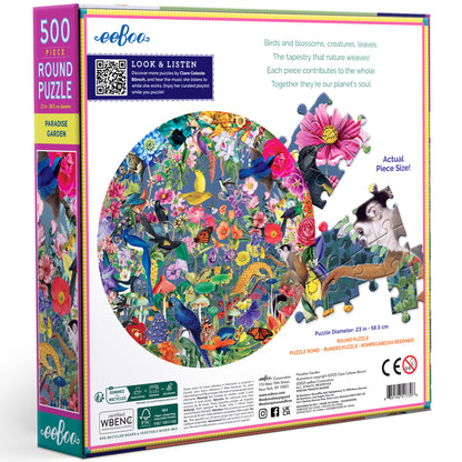 eeBoo Paradise Garden 500-piece round puzzle with colorful birds, flowers, and nature artwork