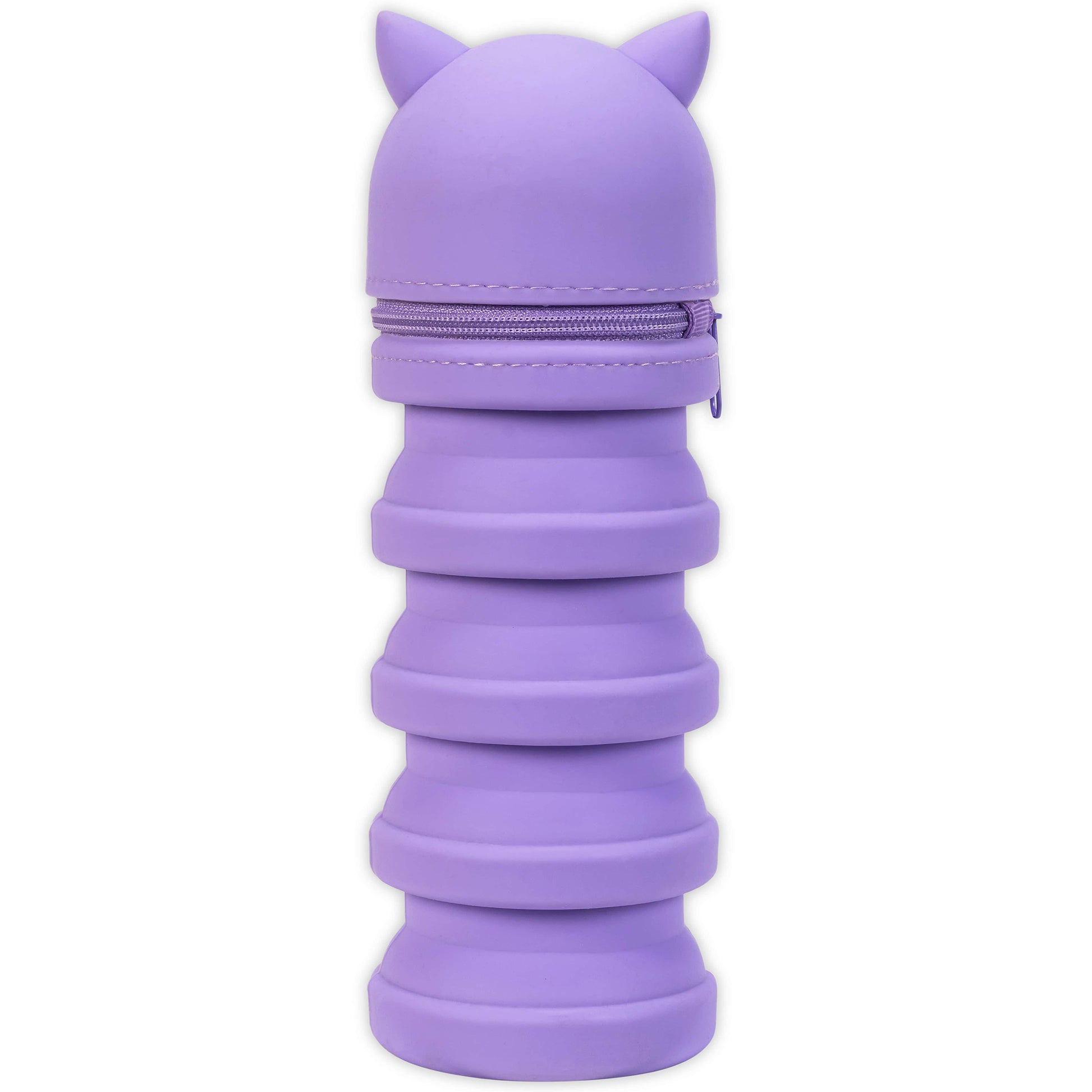 Purple Retractable Pencil Case with cat ears design and zippered storage compartments