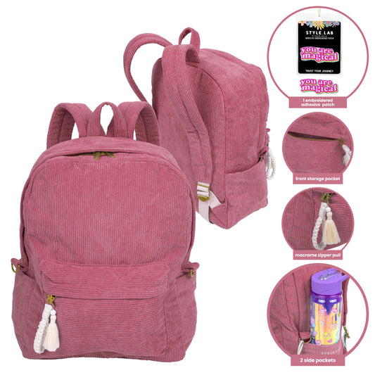 Rose pink corduroy backpack with dual straps, front storage pocket, macrame zipper pull, side pockets, and included 'you are magical' embroidered adhesive patch