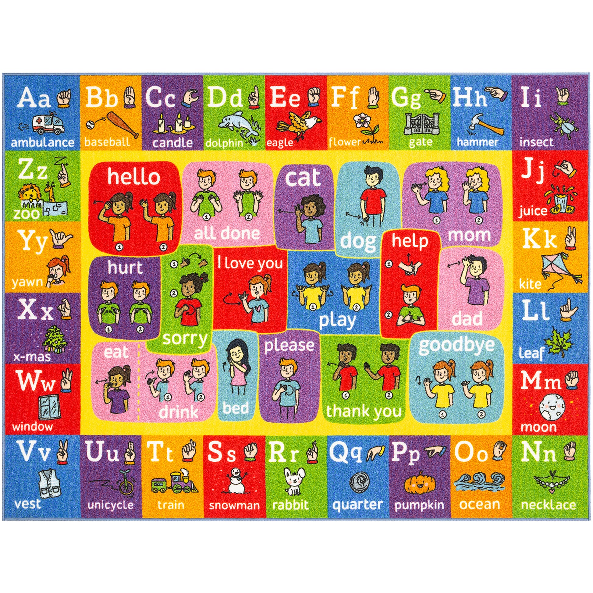 KC Cubs Educational ABC Alphabet ASL Sign Language Playmat Rug with colorful letters and interactive learning illustr...