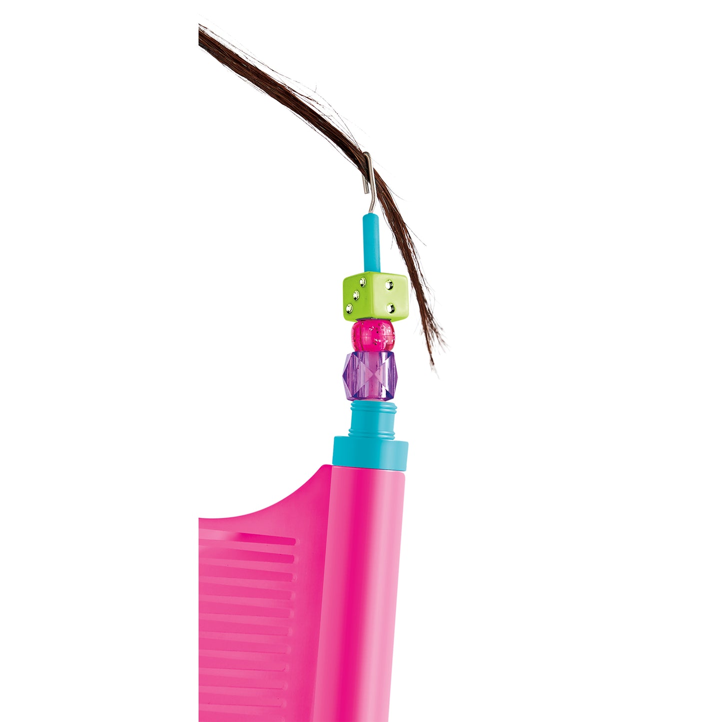 Cra-Z-Art Shimmer 'n Sparkle Hair Designer tool in pink, turquoise, and lime green with beads and feather attachment