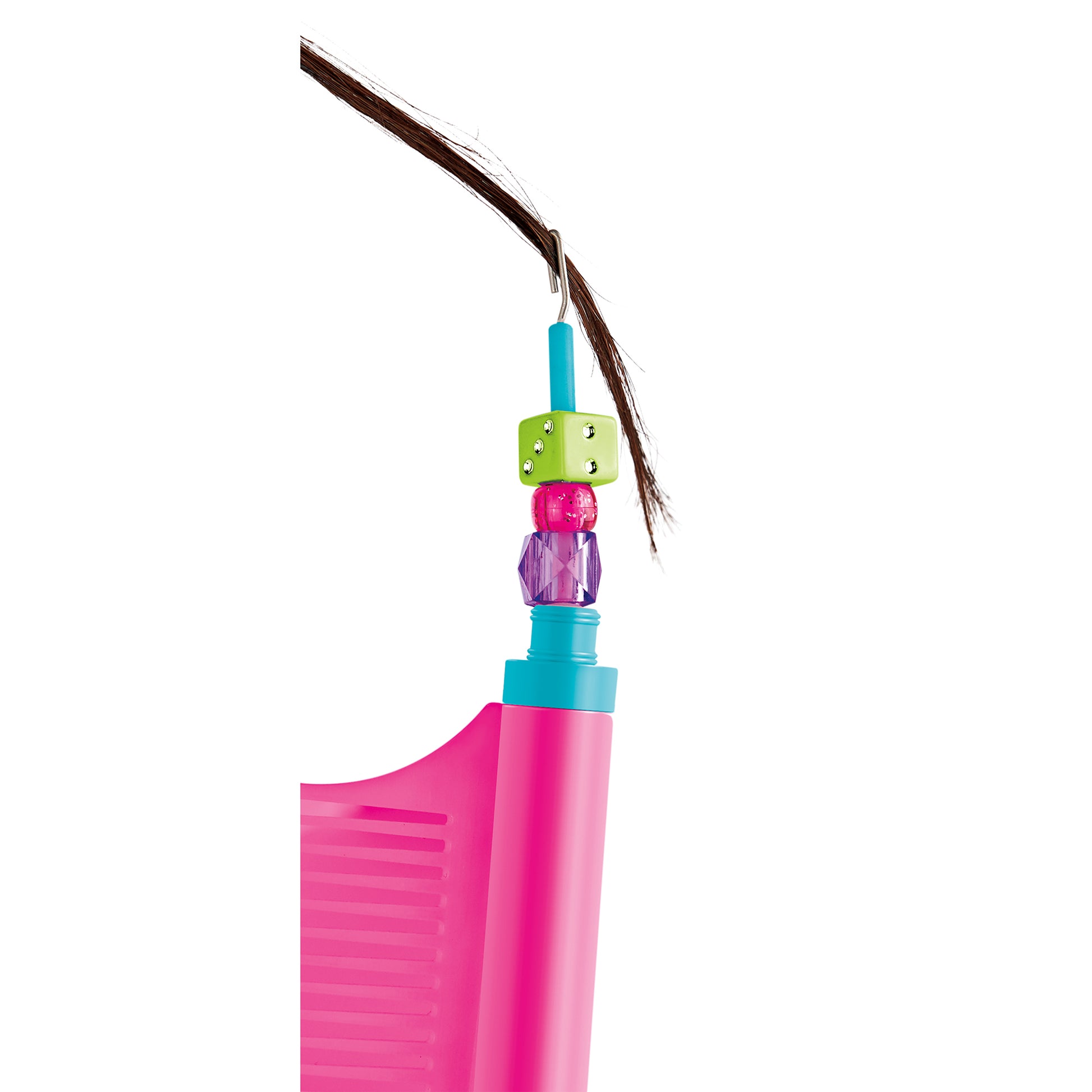 Cra-Z-Art Shimmer 'n Sparkle Hair Designer tool in pink, turquoise, and lime green with beads and feather attachment
