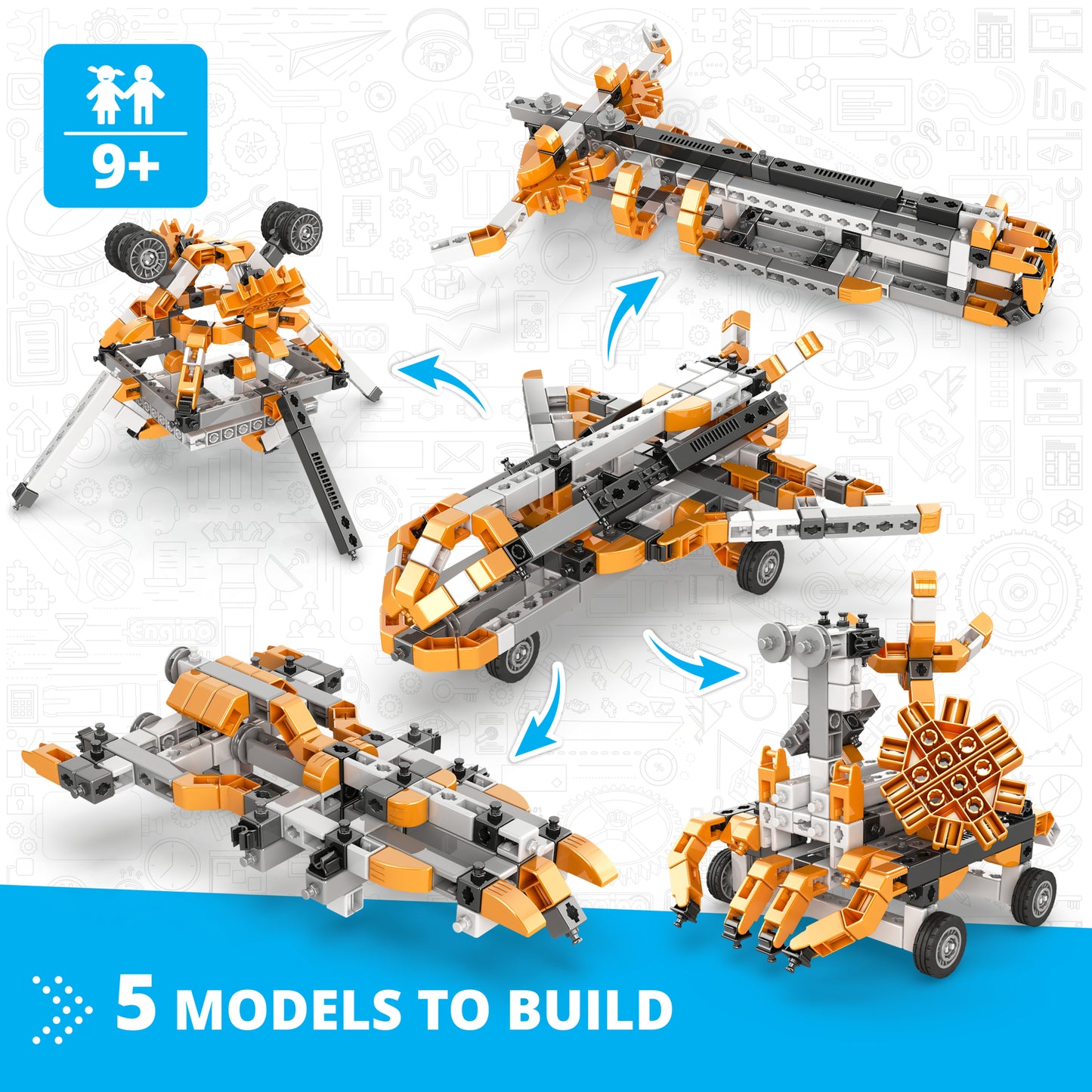 Engino Inventor Mechanics Space Shuttle 5-in-1 building set with orange and gray brick models