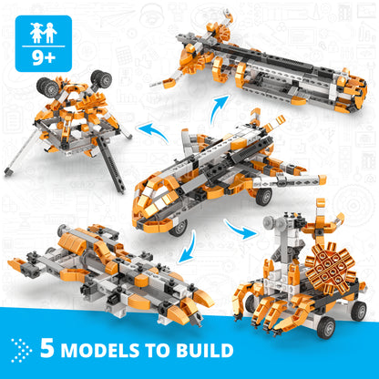 Engino Inventor Mechanics Space Shuttle 5-in-1 building set with orange and gray brick models