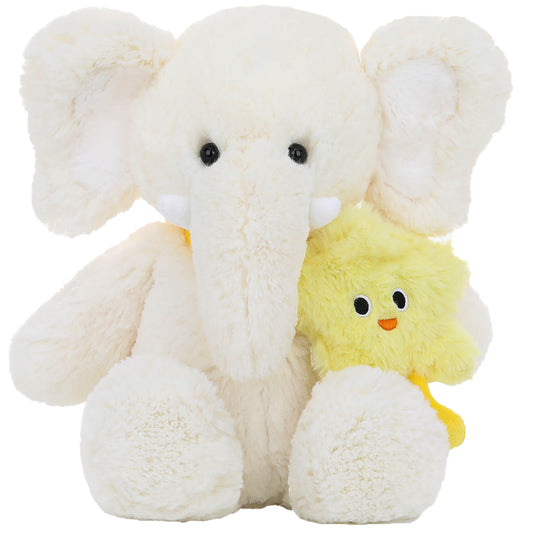 McHugs Ted School Elephant 7-inch plush in cream with large ears, shown with a small yellow chick companion