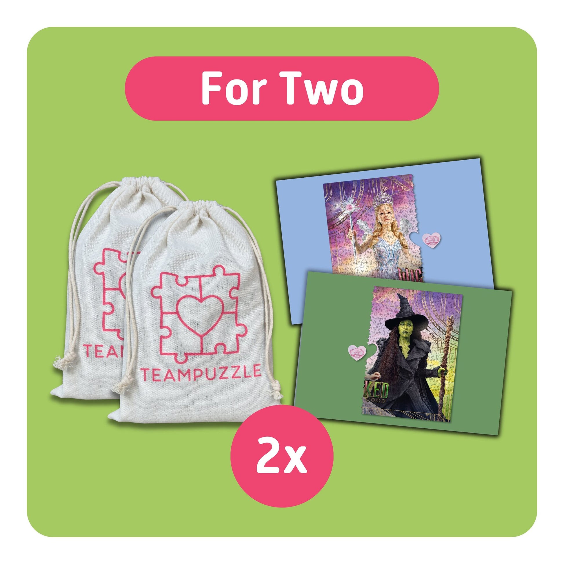 TEAMPUZZLE Wicked For Good 1000pc puzzle set for two with two drawstring bags and puzzle sections