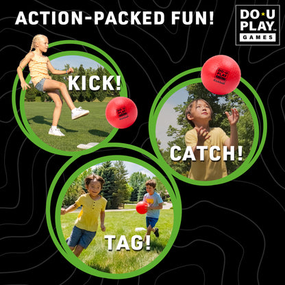 Do-U-Play Kickball Kit with red kickball showing children playing kick, catch, and tag games outdoors