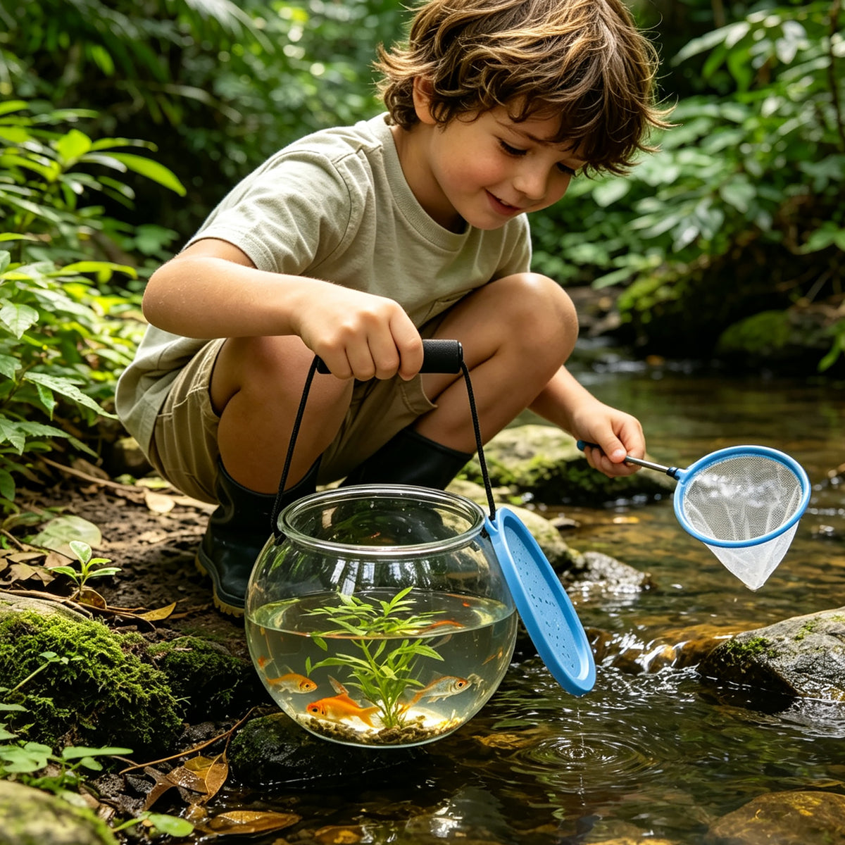 Child using Easy Playhouse Observation Aquarium clear round bowl with blue net and lid by stream