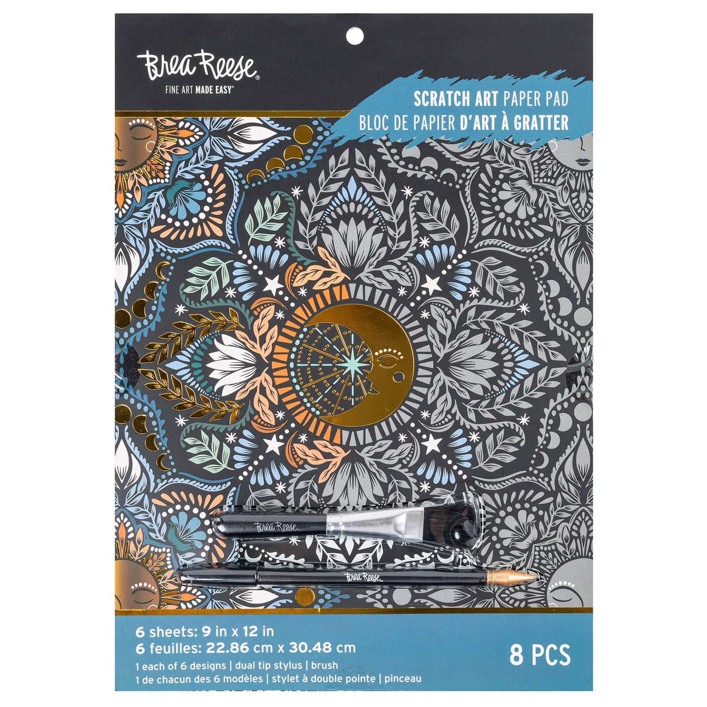 Blea Reese Scratch Art Paper Pad with moon and sun design, includes stylus and brush
