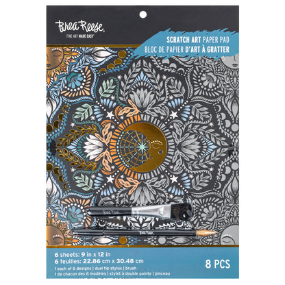 Blea Reese Scratch Art Paper Pad with moon and sun design, includes stylus and brush