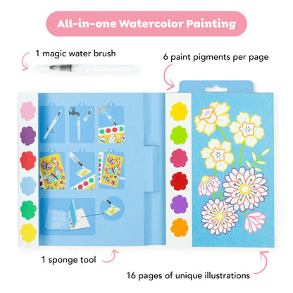 Tiger Tribe All-in-One Watercolor Painting Set with magic water brush, 6 paint colors, and 16 illustrated pages featu...