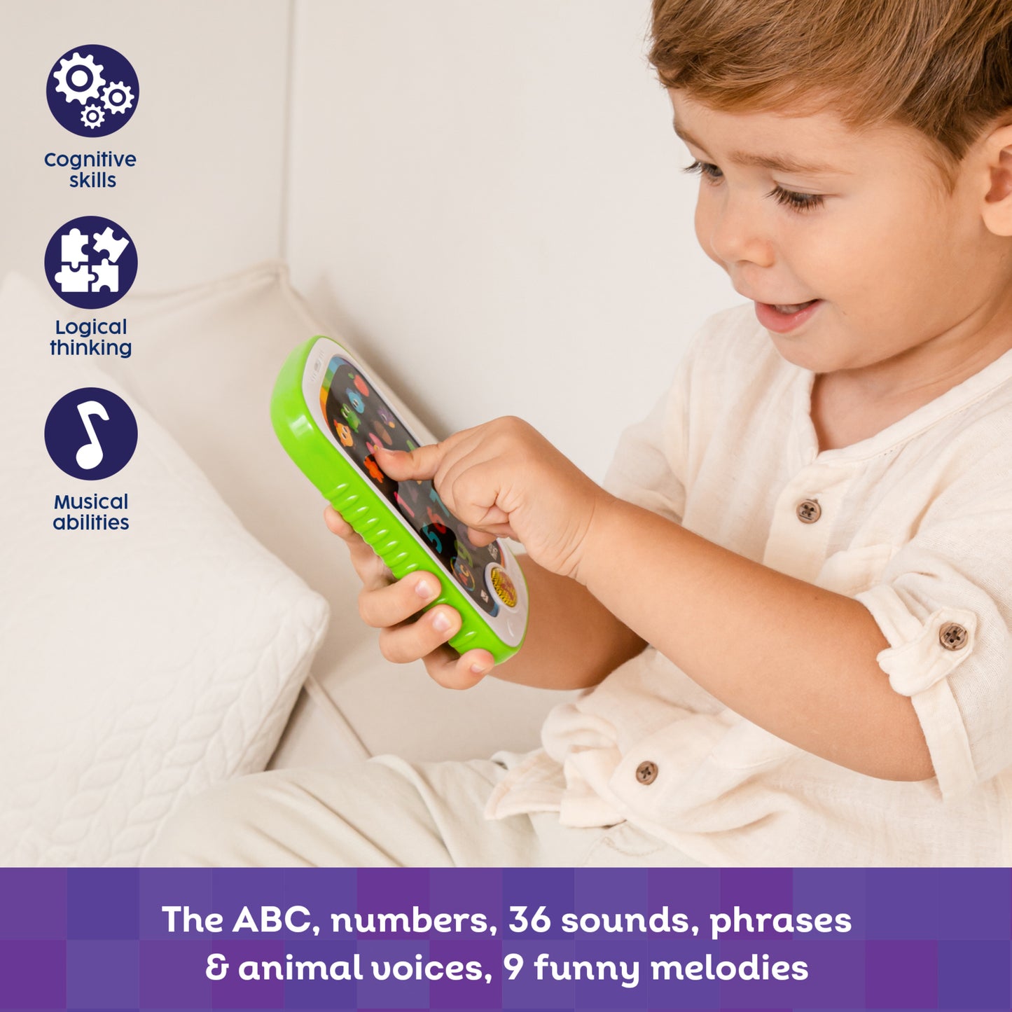 Kids Hits Smart Phone green interactive toy with ABC, numbers, animal sounds and songs for toddlers
