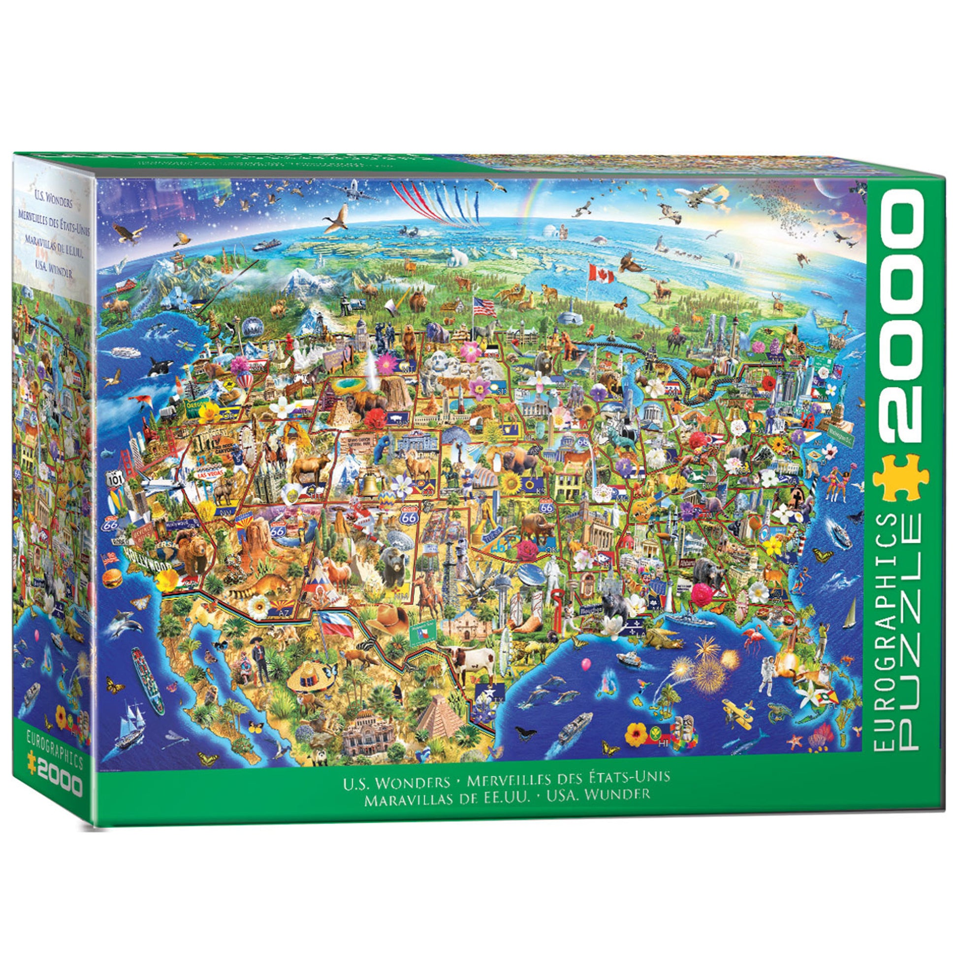 Eurographics US Wonders 2000 piece jigsaw puzzle featuring colorful illustrated map of USA with landmarks and attract...