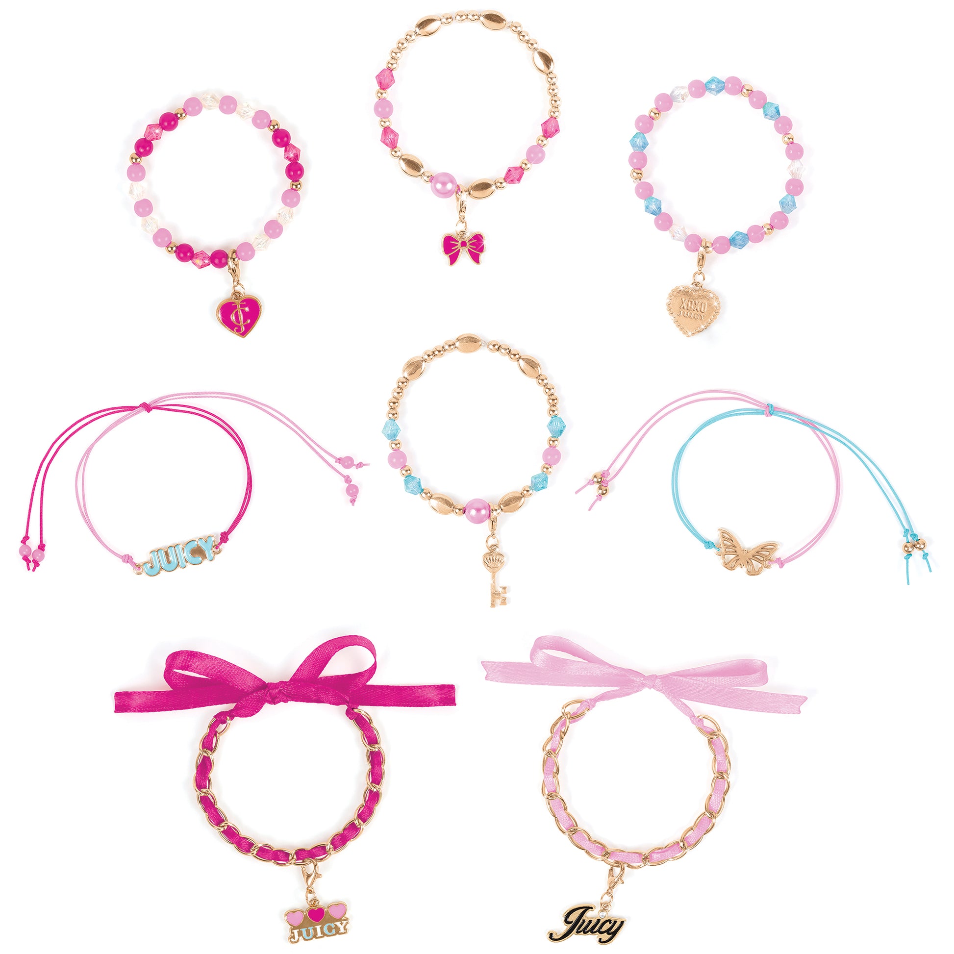 Juicy Couture jewelry bracelet set with pink beads, charms, and gold accents