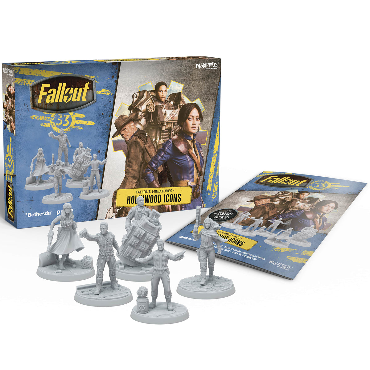 Fallout: Miniatures - Hollywood Icons set with five unpainted resin figures and scenic base, shown with blue and yel...