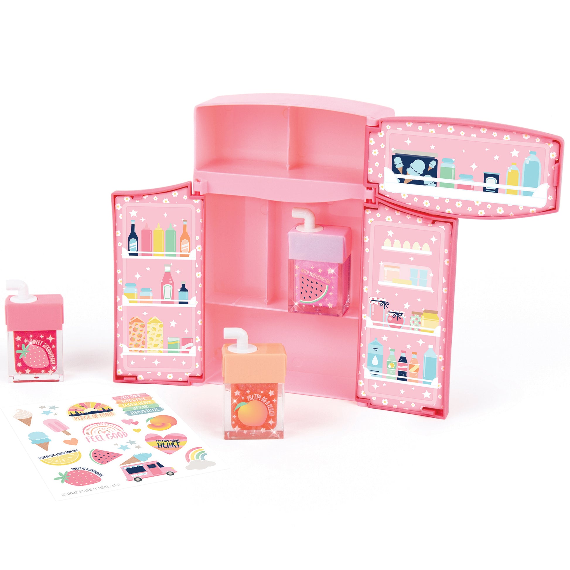 Glimmer & Glow Mini Fridge Lip Gloss Set pink toy cosmetic fridge with juice box shaped glosses