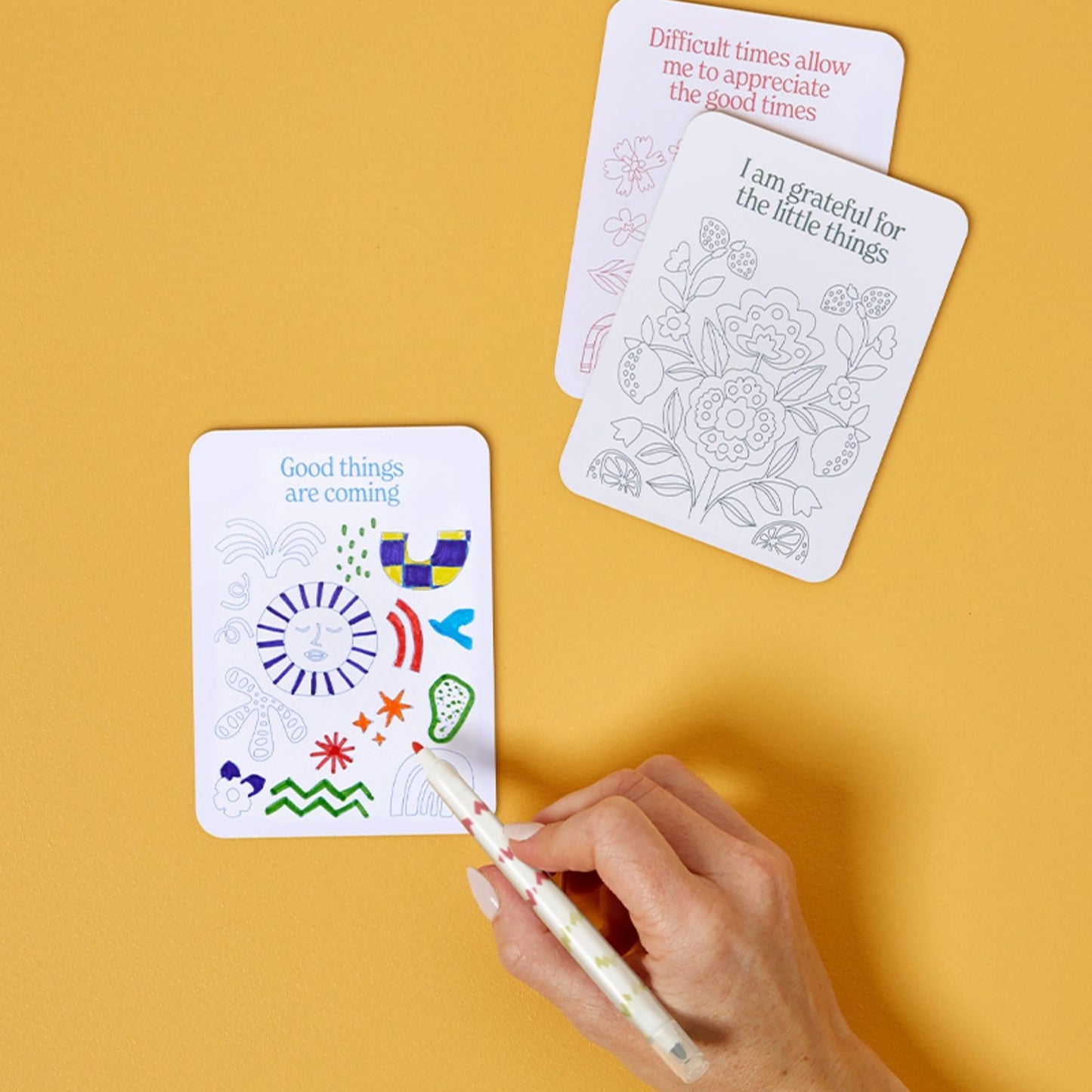 JOS Color Your Own Affirmation Cards with inspirational messages and floral designs to color