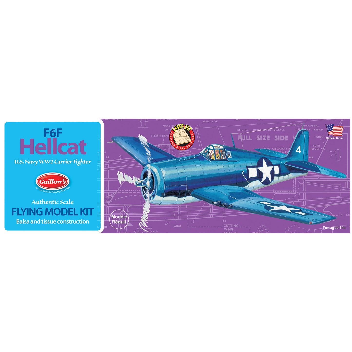F6F Hellcat U.S. Navy WW2 Carrier Fighter Flying Model Kit by Guillow's