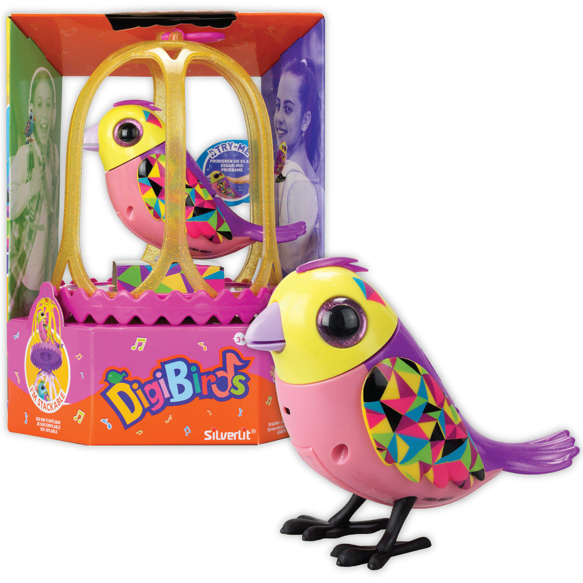 DigiBirds Interactive Singing Bird & Cage with colorful yellow and pink bird featuring geometric feather pattern and ...