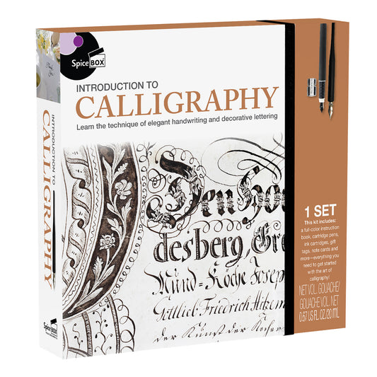 Introduction to Calligraphy kit by SpiceBox with instruction book, pens, inks, and supplies