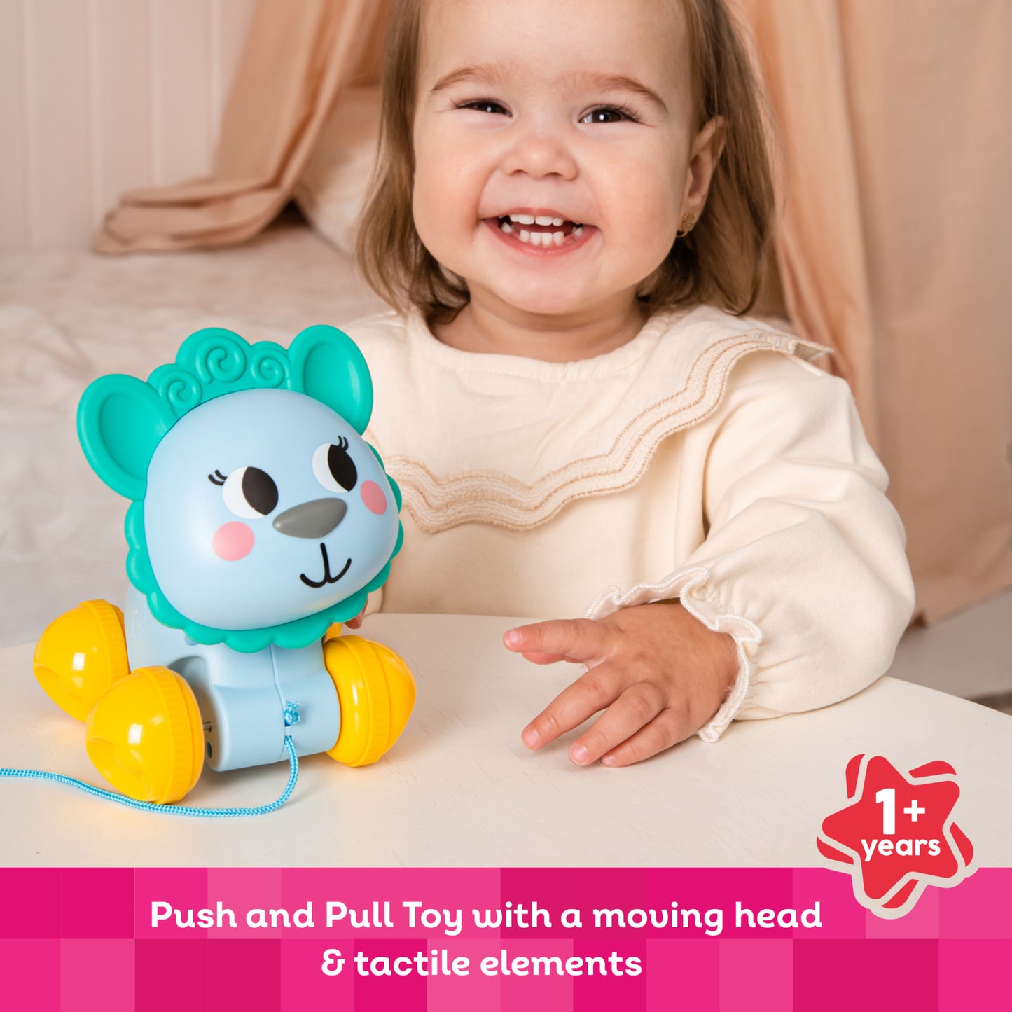 Blue Push & Pull Llama toy with yellow wheels and moving head for toddlers